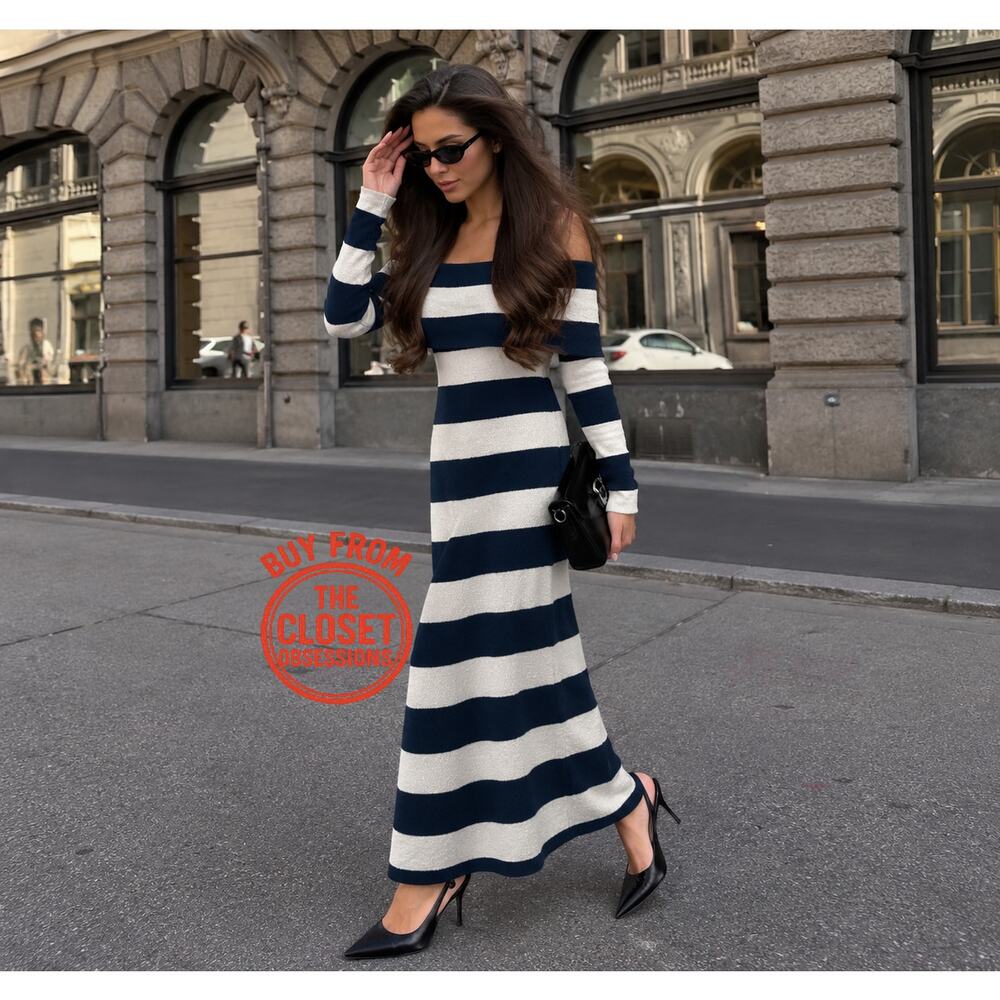 ZARA Striped Knit Off Shoulder Midi Dress NWT Size M - Picture 7 of 16